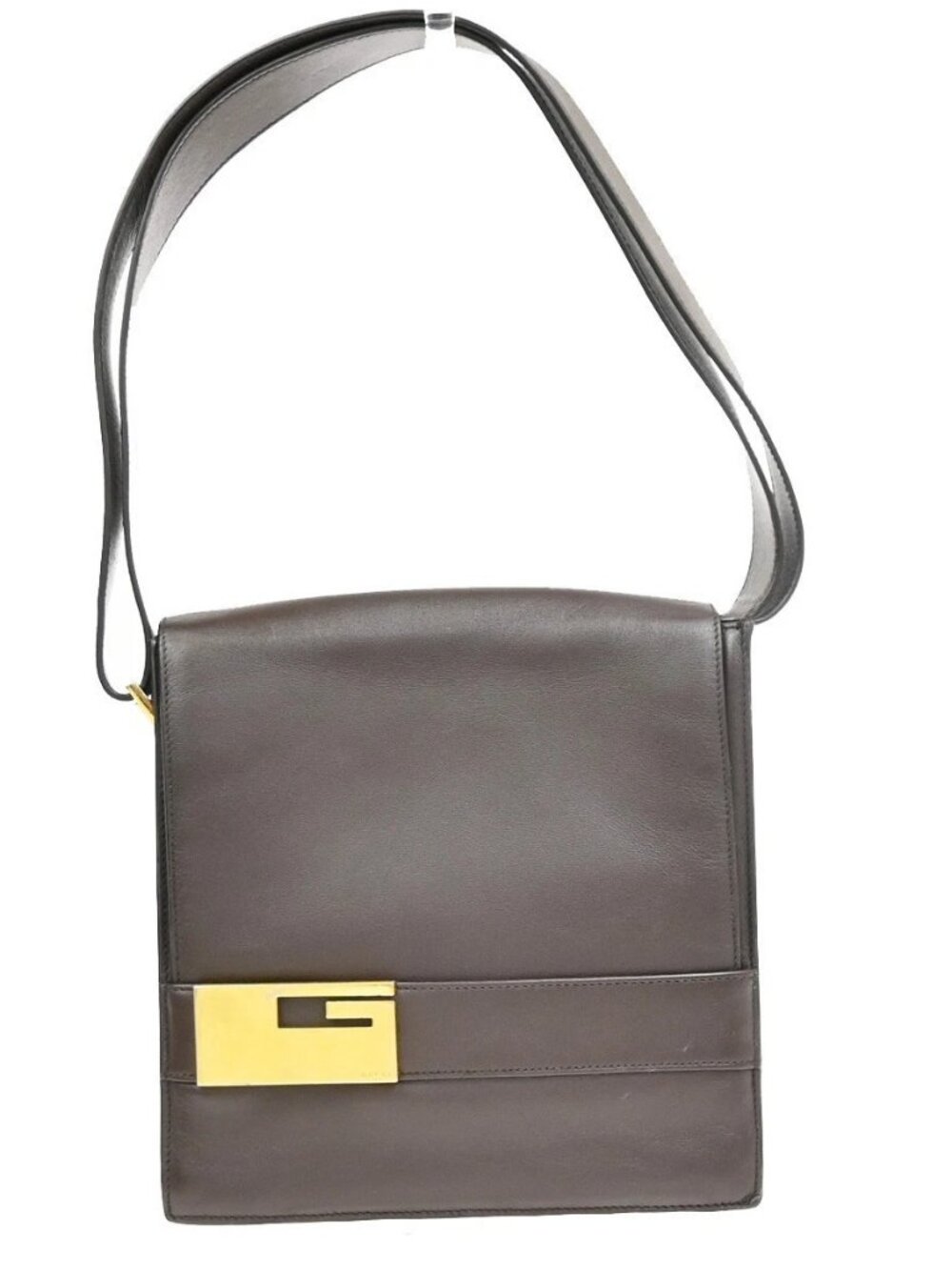 GUCCI Logo Flap One Shoulder Bag Leather Brown GHW Italy 38KD736